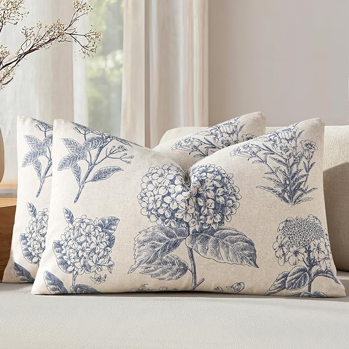 Set of 2 Lumbar Floral Pillow Covers 12x20 Inch Light Blue | Decorative Neutral by SWANCOCO