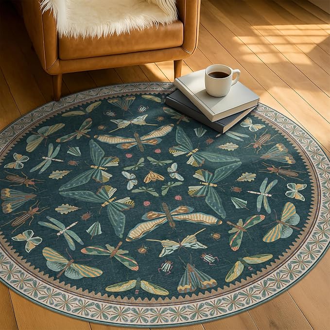 5ft Round Teal Boho Rug for Entryway, Washable Non Slip Area Carpet for Living - Image 3