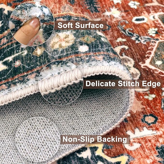 Yamaziot Washable Runner Rug, 3x6 Non-Slip Boho Vintage Hallway Kitchen Rug | - Image 4