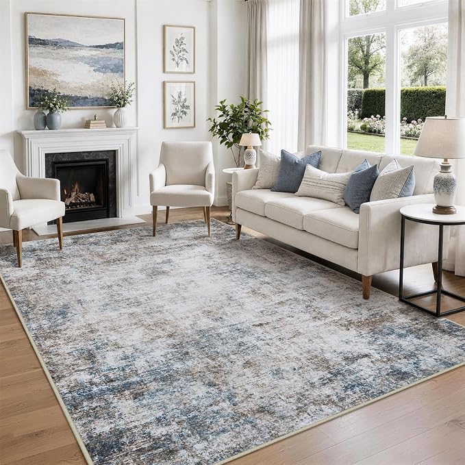 8x10 Area Rugs for Living Room Washable Bedroom Dining Room Brown Blue | Modern - Image 3