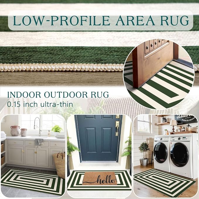 Front Door Mat Indoor Entrance 2x4.3 Modern Green White Striped Rug | Washable - Image 5