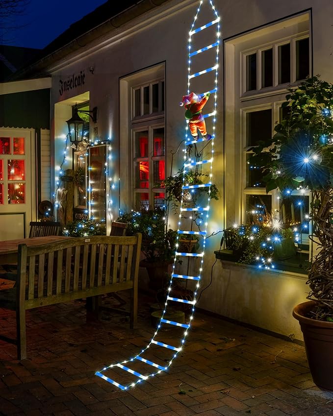 Toodour LED Christmas Lights - 10ft Christmas Decorative Ladder Lights with Santa Claus, Xmas Decorations Light for Indoor Outdoor, Window, Garden, Home, Wall, Xmas Tree Decor - White & Blue