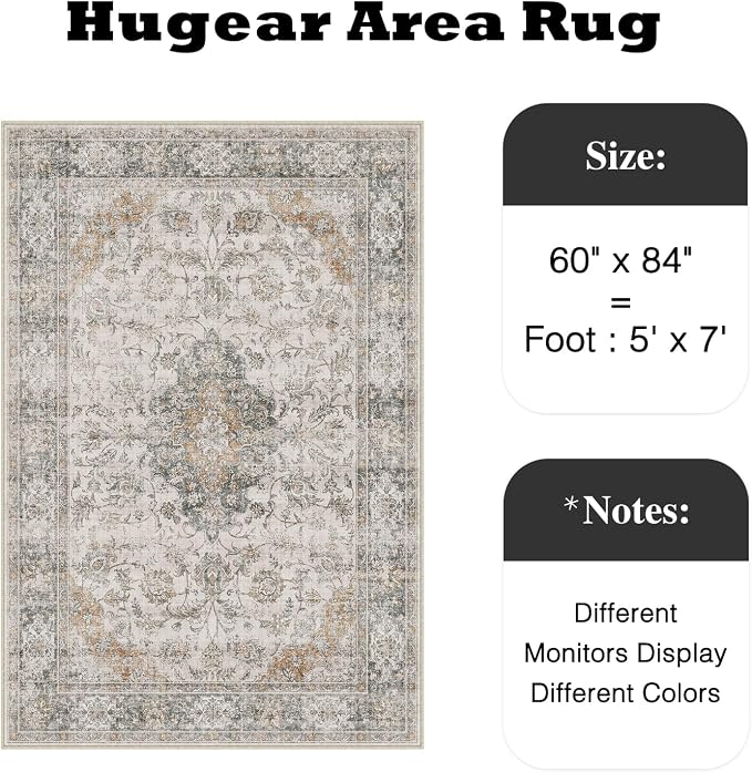 5x7 Taupe Green Retro Floral Washable Area Rug - Image 2