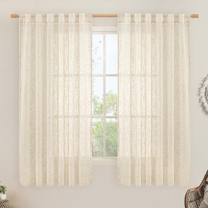 Beige Semi Sheer Linen Curtains 60 Inch, Light Filtering Panels | Window by LAMIT