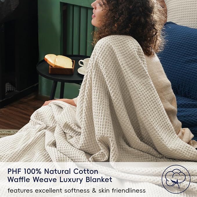 PHF 100% Cotton Waffle Weave Family Blanket,Oversized King Size 120"x 120"-Pre-Washed Snag Proof Lightweight Breathable Moisture-Wicking, 10'x 10' Huge Extra Large Big,Home Decoration Gift-Linen