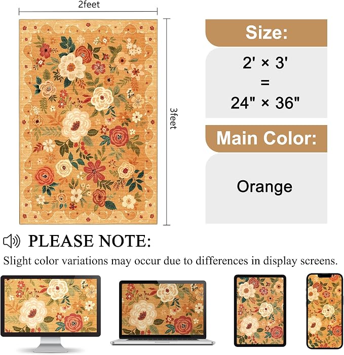 DUKINO 2x3 Entryway Rug, Floral Door Mat Soft Washable Rug Non Slip, - Image 2