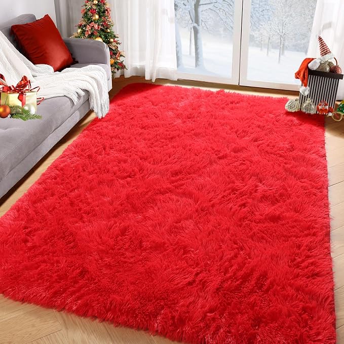 Soft Modern Red Area Rug, 4x6 Feet, Shaggy Indoor Rug - Image 7