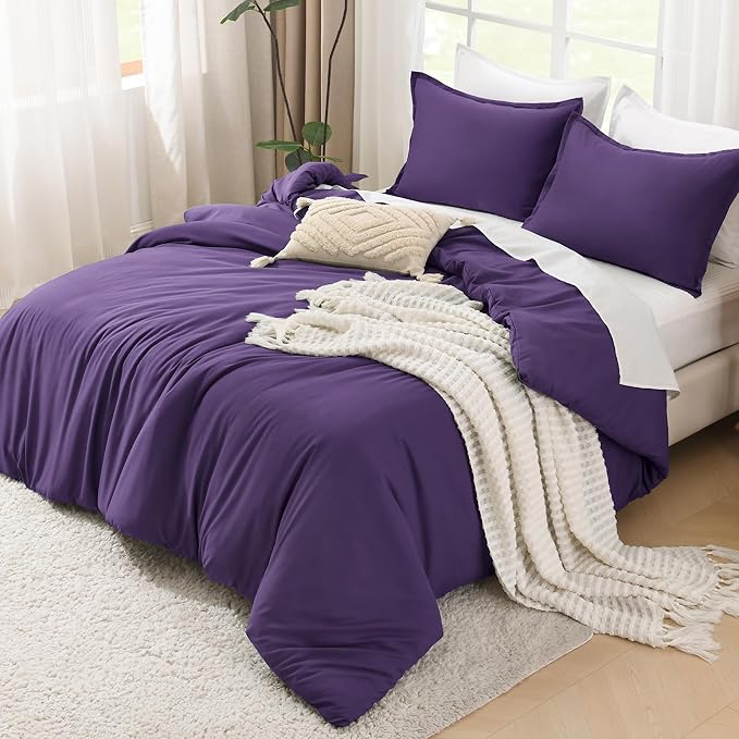 Litanika Dark Purple Comforter Set Queen Size, 3 Pieces Lightweight Solid Bedding Comforter Set, All Season Fluffy Bed Set (90x90In Comforter & 2 Pillowcases)