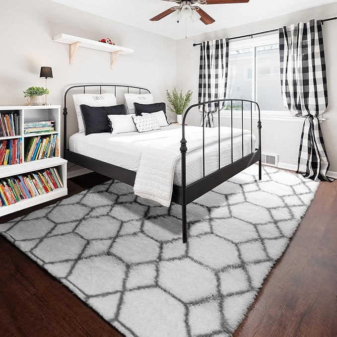 Area Rugs for Living Room, 7x10 Fluffy White and Grey Geometric Bedroom Rug | - Image 8