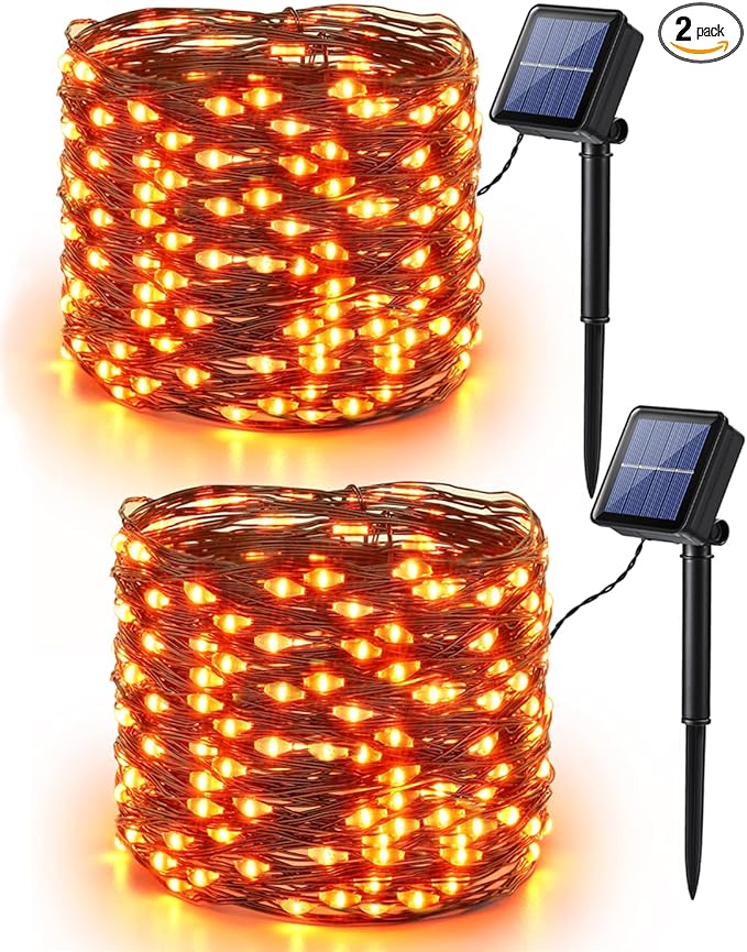 Brizled Orange Fairy Lights, 2 Pack Total 78FT 240 LED Solar Halloween Fairy Lights, 8 Modes Outdoor Halloween Lights, Waterproof Orange Twinkle Light for Outside Party Yard Decor Black Wire
