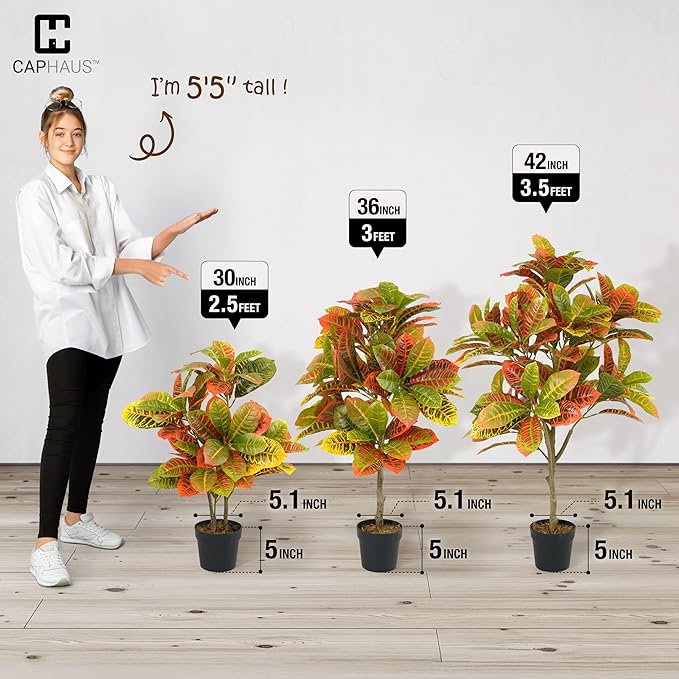 Fencer Wire 42 Inch Artificial Topiary Croton Tree, UV Resistant Artificial Outdoor Plants, Faux Bushes and Shrub, Fake Trees in Pot with Dried Moss, Artificial Plants for Front Porch, Indoor, Outdoor