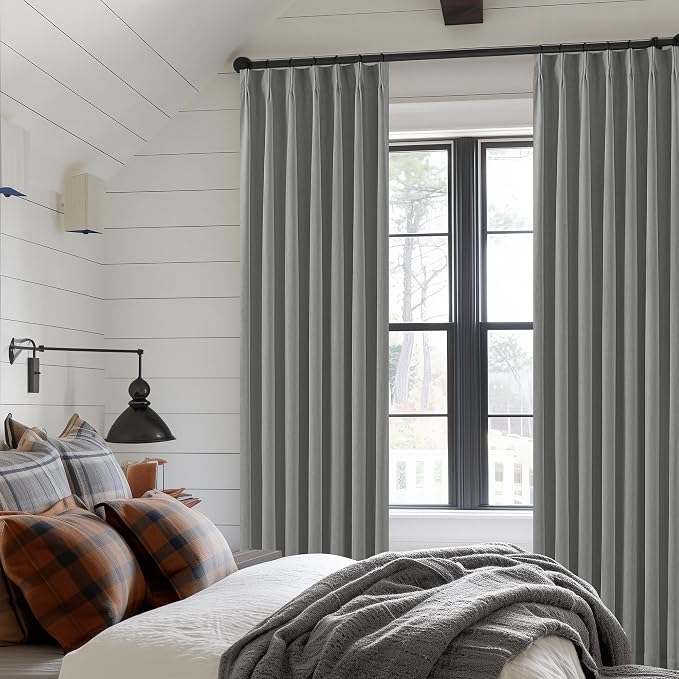Grey Pinch Pleated 100% Blackout Linen 80 Inch Window Curtains 2 Panels Set | - Image 7