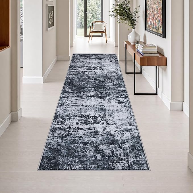 3x10 Washable Runner Rug：Modern Abstract Kitchen Carpet Black | by FXRHLP