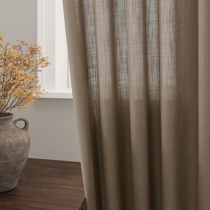 Dark Taupe Linen Sheer Curtains 54 Inch Length 2 Panel Set Back Tab Rod Pocket - Image 2