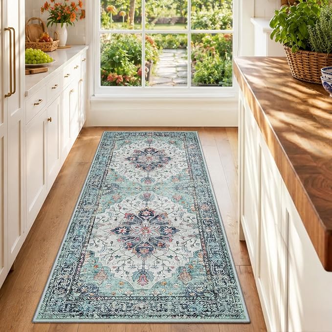 RELEANY Washable Area Rug, Runner 2'x6', Teal Green/White/Navy | Non-Slip by RELEANY