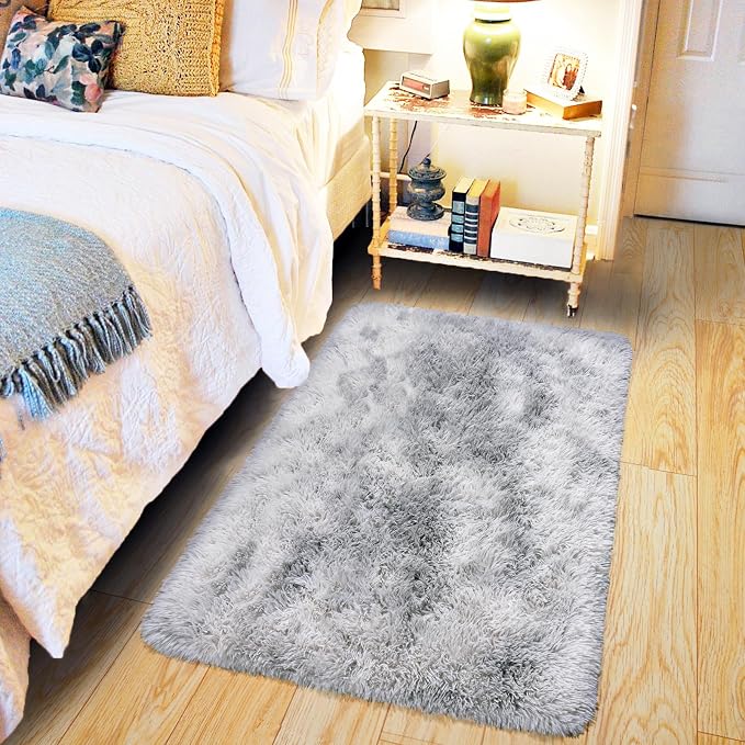 Fluffy Small Rug for Bedroom 2x3 Feet, Shag Soft Area Rug, Tie Dye Grey | - Image 7