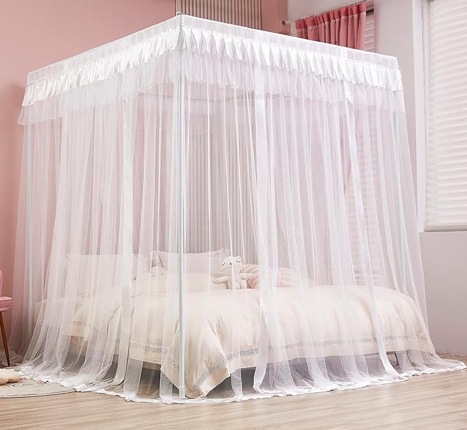 Mengersi 4 Corners Post Canopy Bed Curtains for Girls Kids Adults Queen Size- Cute Cozy Drape Square Netting - 4 Opening Mosquito Net - Princess Bedroom Decoration Gift