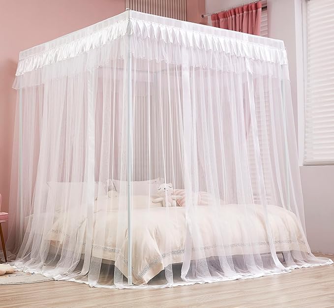 Mengersi Princess 4 Corners Post Bed Curtain Canopy Mosquito Netting (White, Twin)