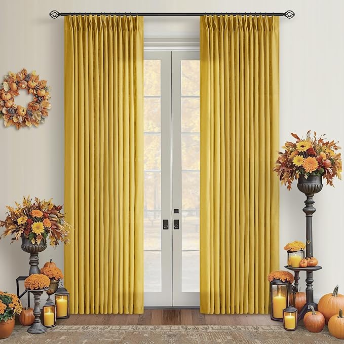 Pinch Pleated Mustard Yellow Linen Curtains 84 Inches Long 2 Panels Set | by Twodrapes