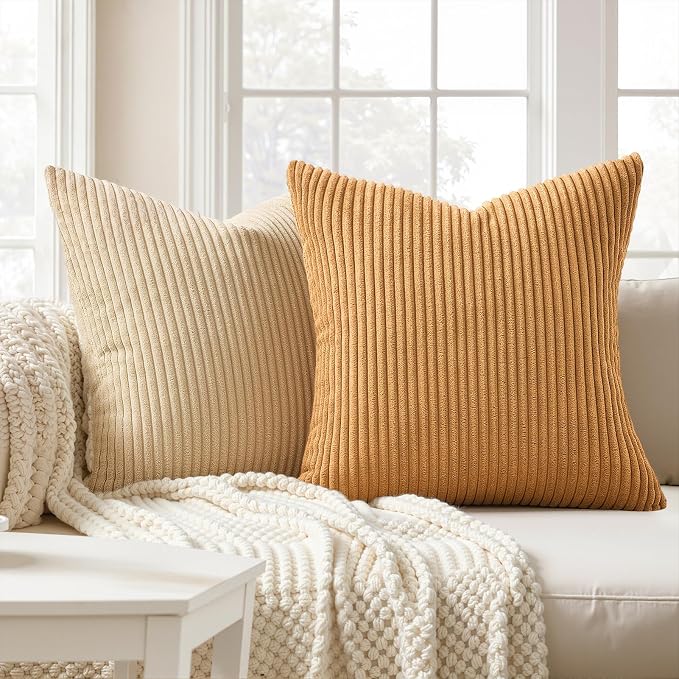 Topfinel Fall Soft Corduroy Throw Pillow Covers 18x18 Inch Yellow Brown | Set - Image 3