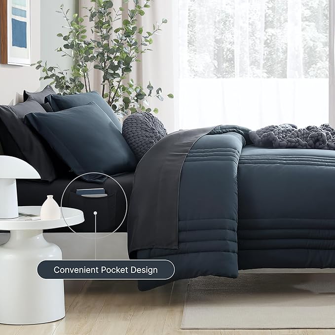 Monbix Queen Comforter Set - 7 Pieces Blue Gray Bed in a Bag Queen Bedding Sets with Comforters, All Seasons Comforter Bed Set with Sheets,Pillowcases & Shams