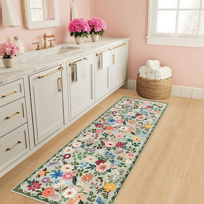 PLHXFR 2x5 Washable Runner Rug：Floral Indoor Kitchen Soft Carpet Green | - Image 5