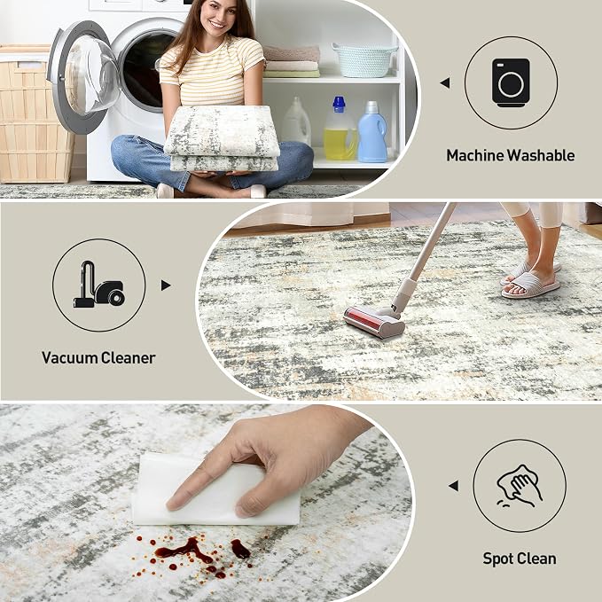 9x12 Area Rugs for Living Room: Washable Abstract Grey Brown Badroom Carpet | - Image 4