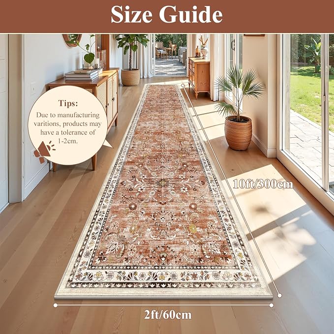 Yamaziot 2x10 Washable Hallway Runner Rug Non Slip Floral Carpet, Brick-red | - Image 2