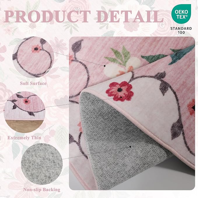 DUKINO 2x10 Runner Rug, Floral Washable Kitchen Runner Rug Non Slip, Low Pile - Image 4
