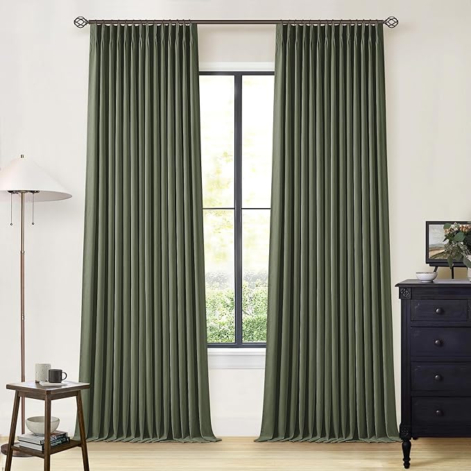 Olive Green Pinch Pleated Blackout Linen Bedroom Curtains 96 Inch Length | by Twodrapes
