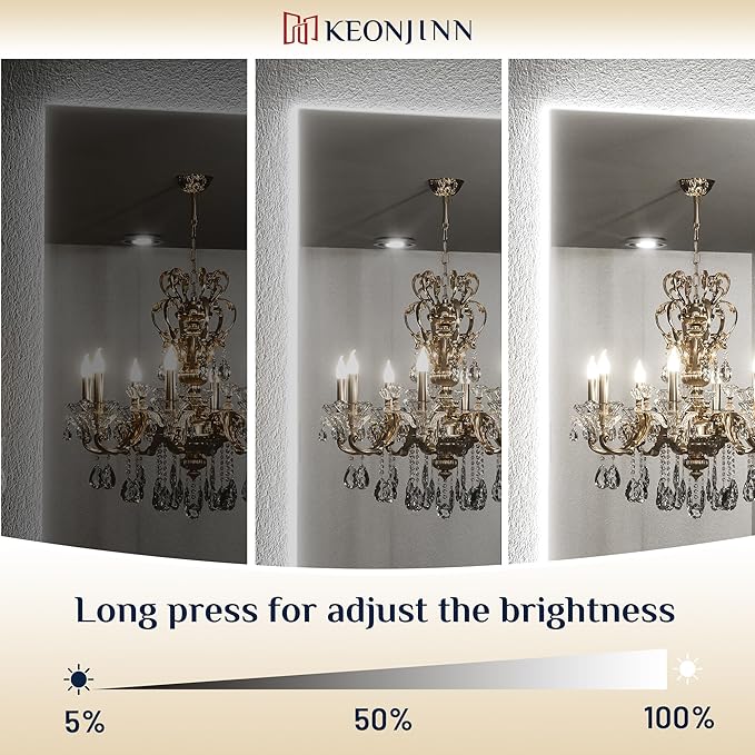 Keonjinn 24 x 32 Inch LED Bathroom Mirror with Backlit, Anti-Fog, CRI90+ HD Stepless Dimmable Mirror, High Lumen, Horizontal/Vertical Wall Mount, UL Listed Lighted Mirror, Waterproof