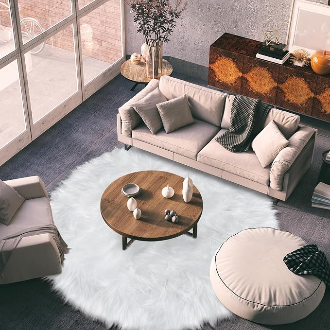 6ft Sheepskin Faux Fur White Round Rugs - Image 2