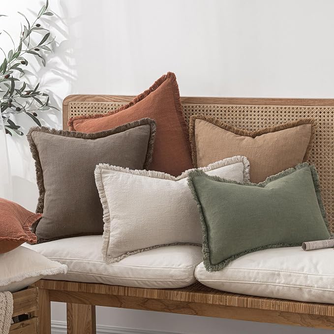 MIULEE Linen Fringe Decorative Fall Euro Throw Pillow Covers Coffee 24x24 | Set - Image 7