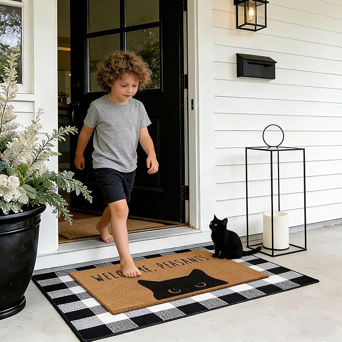 2 Pcs Welcome Peasants Black Cat Door Mat Set, Layered Artificial Coir Doormat - Image 3