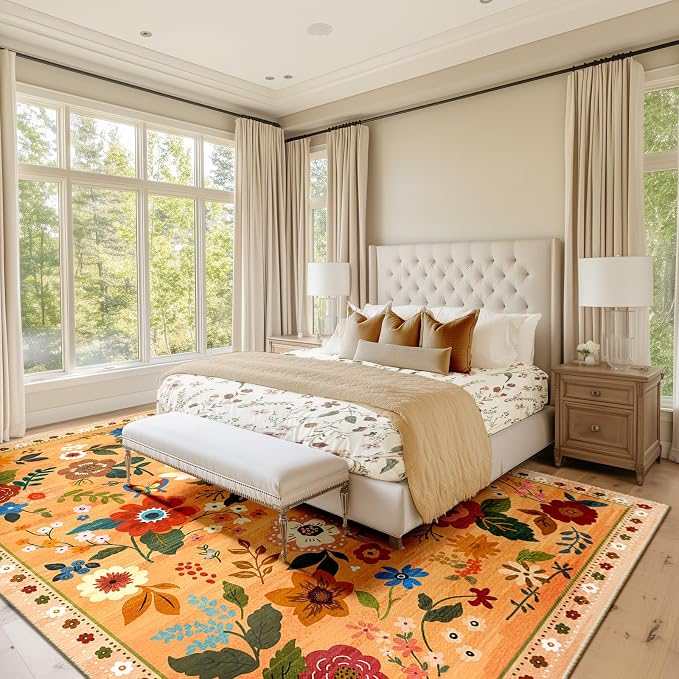 RELEANY Floral Washable 3x5 Area Rugs Yellow/Orange/Red | Flower Carpet Print - Image 9