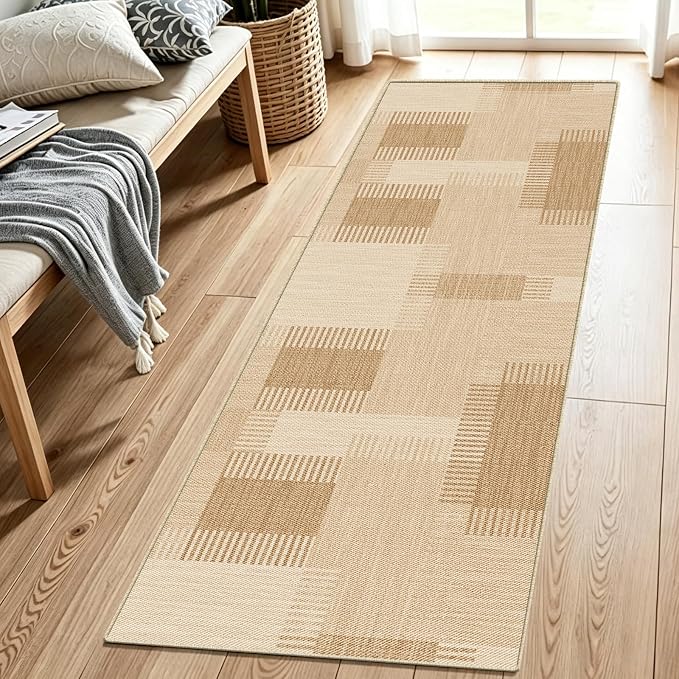 Faux Linen Washable Runner Rug Water Absorbent Surface 2x6 Beige | Non-Slip TPR by WIEVEDENS