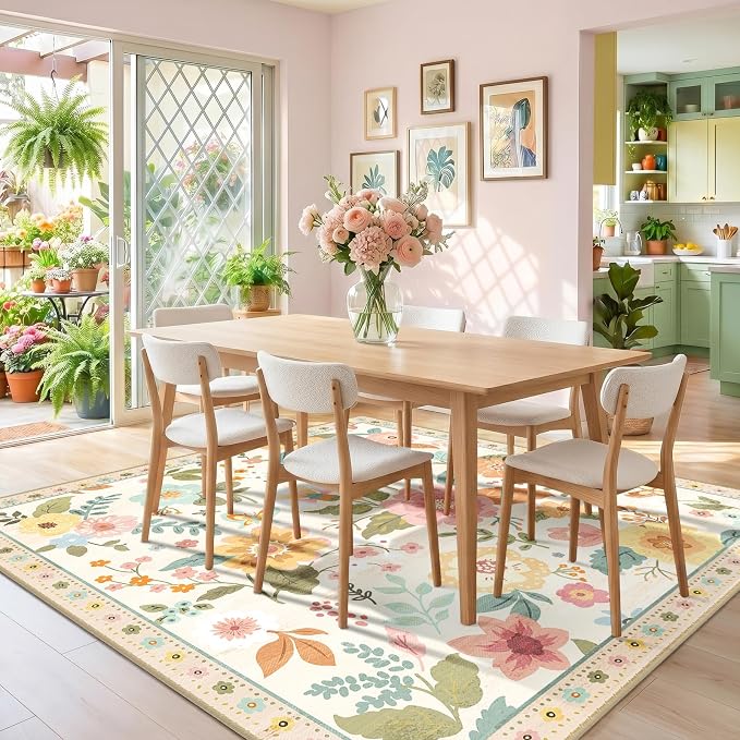 RELEANY Floral Washable Square 8ft Area Rug Beige/White/Orange | Flower Carpet - Image 8