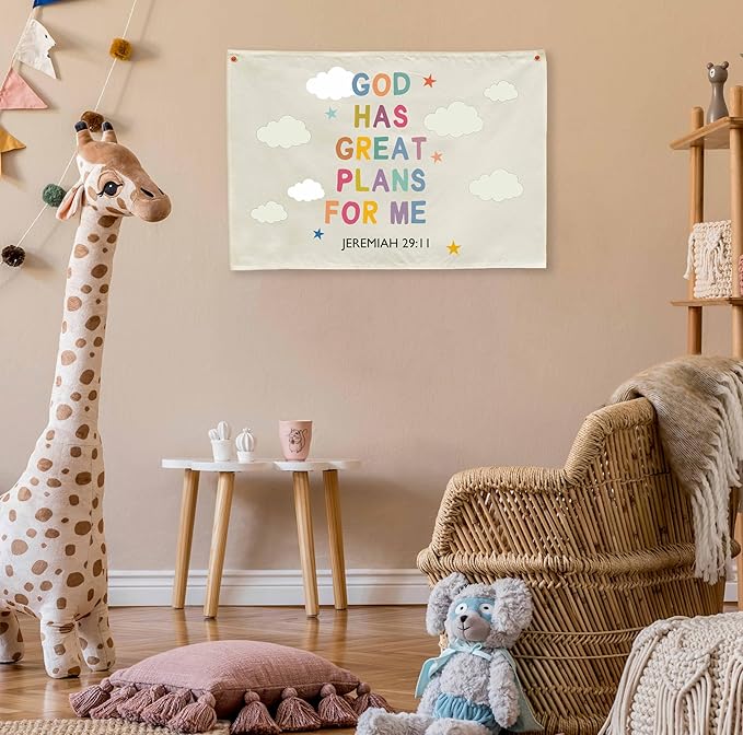 Christian Bible Verse Scripture Rectangular Banner Flag Wall Sign Decor Gift for Baby Boy Girl Kid-Nursery Baby Room Bedroom Decor-Baby Shower,Birthday Christmas Gift-God Has Great Plans