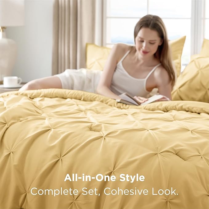 Bedsure Queen Comforter Set Yellow - Bed in a Bag Queen 7 Pieces, Pintuck Bedding Sets Gift for Christmas, Pinch Pleat Bed Set with Queen Size Comforter, Sheets, Pillowcases & Shams