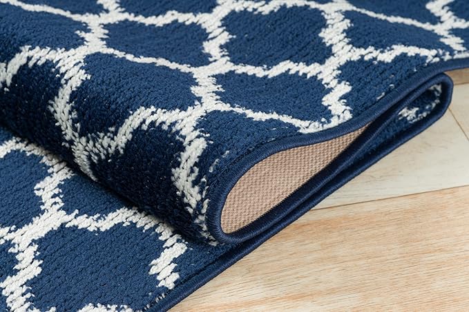 Custom Size Cut to Length Moroccan Trellis Design Runner Rug Mat For Wide Long Hallways with Non-Slip Rubber Backing, Better Traction for Pets, Prevent Slippage, Trellis Navy Blue, 31 inch X 16 feet