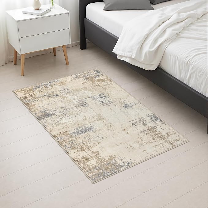 2x3 Washable Entryway Rug: Modern Abstract Soft Carpet Beige Brown | - Image 5