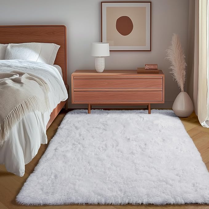 White Rugs for Bedroom, 3x5 Fluffy Shaggy Bedside Area Rug, Soft Plush Shag - Image 5