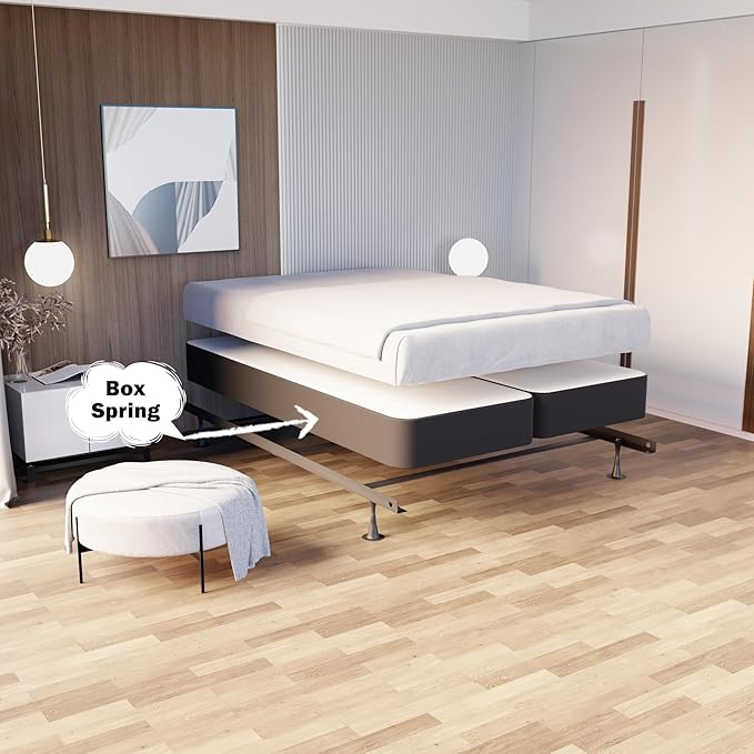 Nutan, 4-Inch Sturdy Wood Box Spring for Mattress Support - Durable and Fully Assembled, Natural Wood Foundation for Queen, Gray