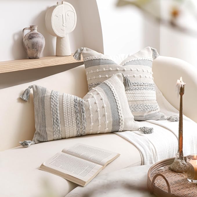 Gray Boho Decorative Throw Pillow Cover 22x22 Square Farmhouse Accent Cushion - Image 5