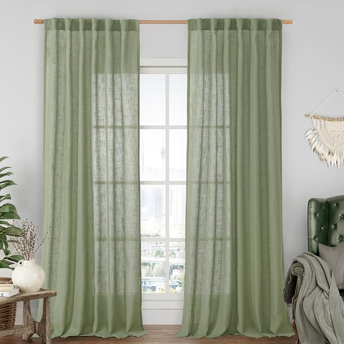 Sage Green Linen Curtains for Living Room 84 inch Length 2 Panels | Light by LAMIT