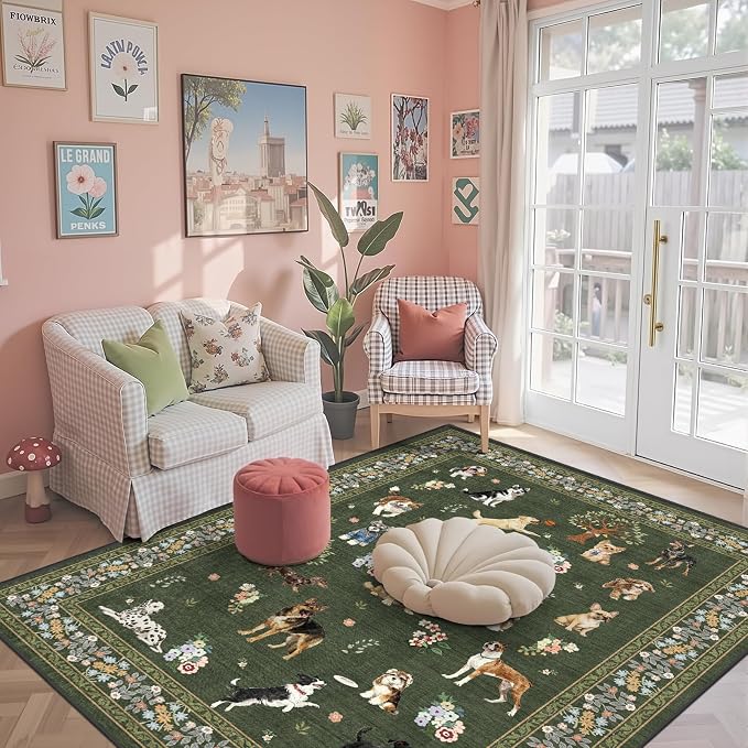Dark Green Area Rug 4x6 for Bedroom Dining Room | Boho Style; Low Pile; Non - Image 4