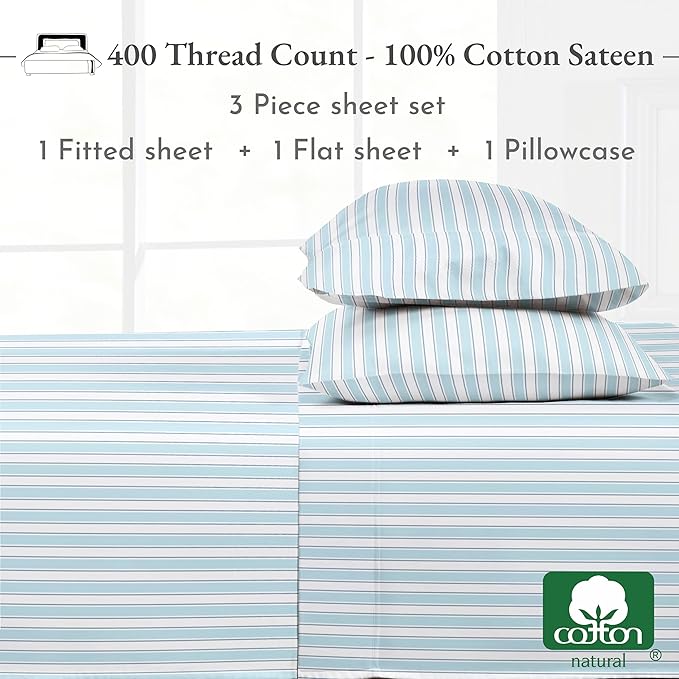 California Design Den Printed Twin XL Sheet Sets - 400 Thread Count Sateen, Natural 100% Cotton Sheets, Deep Pockets, Cooling and Durable Bedding Set - Cape Stripe