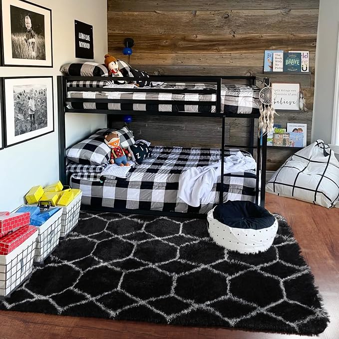 Area Rugs for Bedroom Living Room, 4x6 Fluffy Black and White Geometric Rug | - Image 8