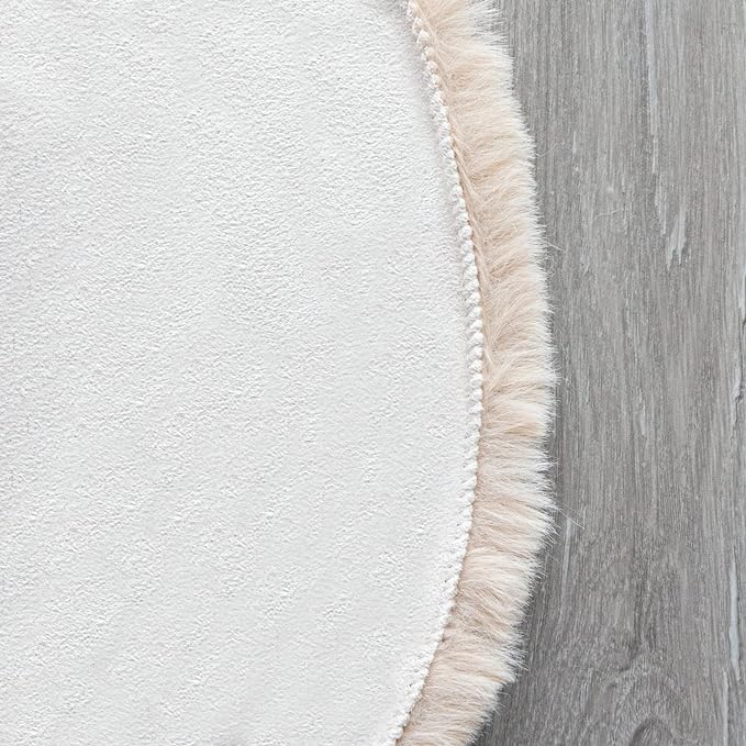 ORINOVA Light Brown Beige Washable Shaggy Round Rug 5ft Faux Rabbit Fur Rugs - Image 4