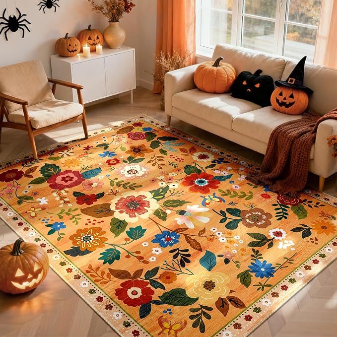 RELEANY Floral Washable 3x5 Area Rugs Yellow/Orange/Red | Flower Carpet Print - Image 2